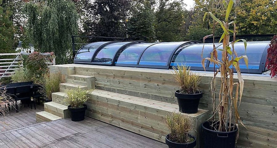 Piscina contenedor 6,11 x 2,5m lista para usar con techo, pack premium